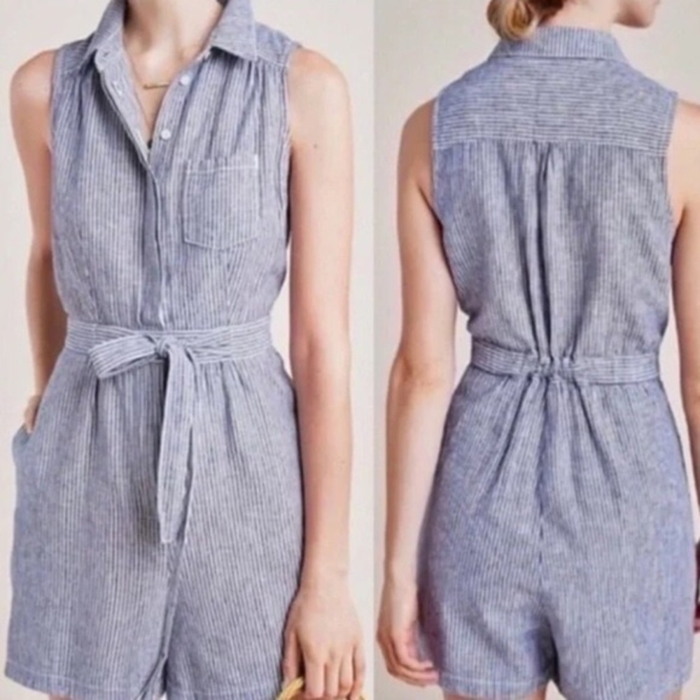 Anthro Linen Blend Sleeveless Romper,blue/white striped,tie front, side pockets